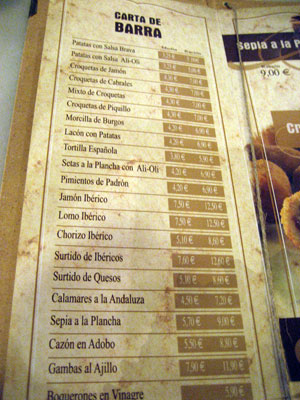 The menu at Canas Y Tapas