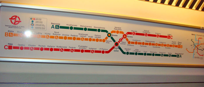 Metro lines map inside Prague metro
